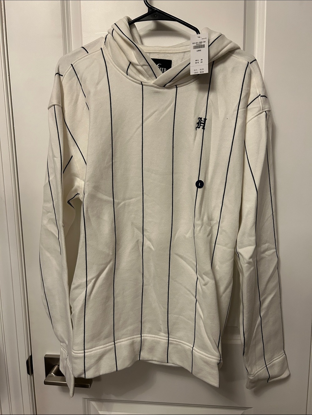 Hollister White Pinstripe Hoodie with Navy Detailing Size Large